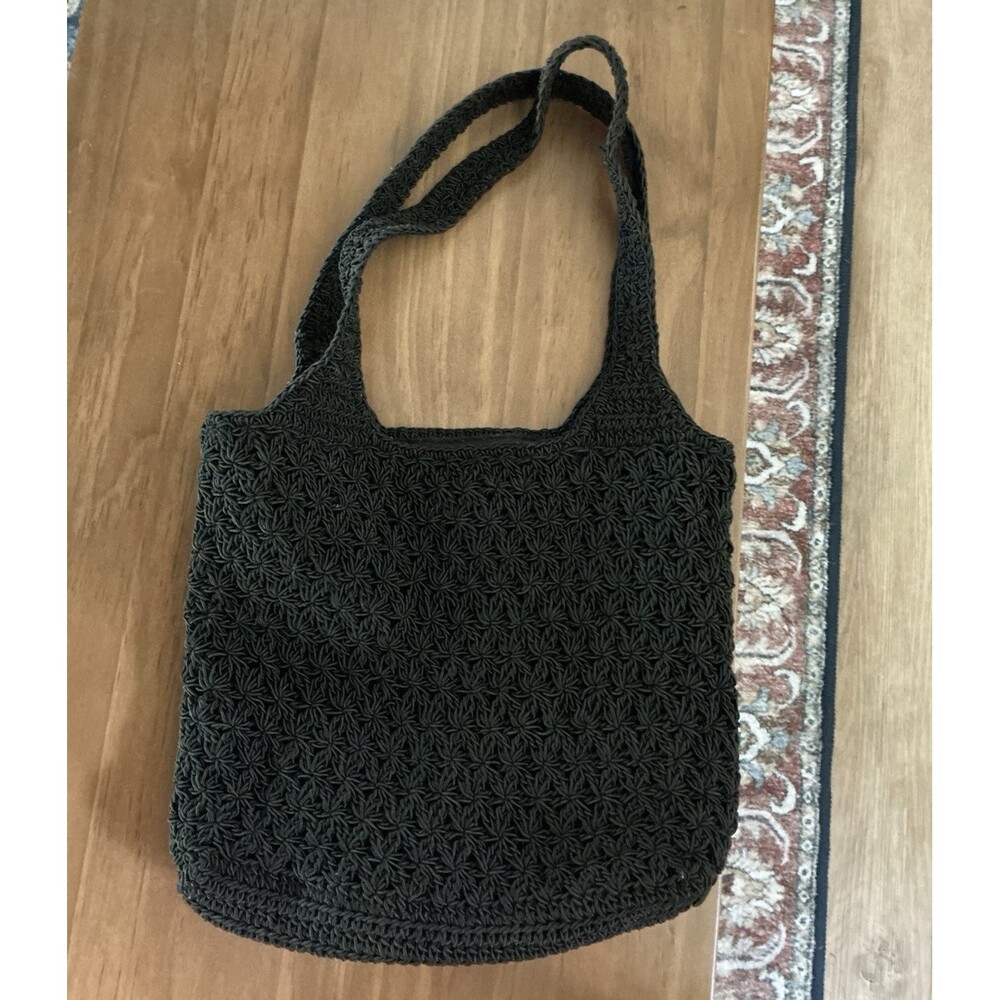 Kathy Ireland Black Crochet Knit Tote Shoulder Bag Lined Silver Hardware Snap
